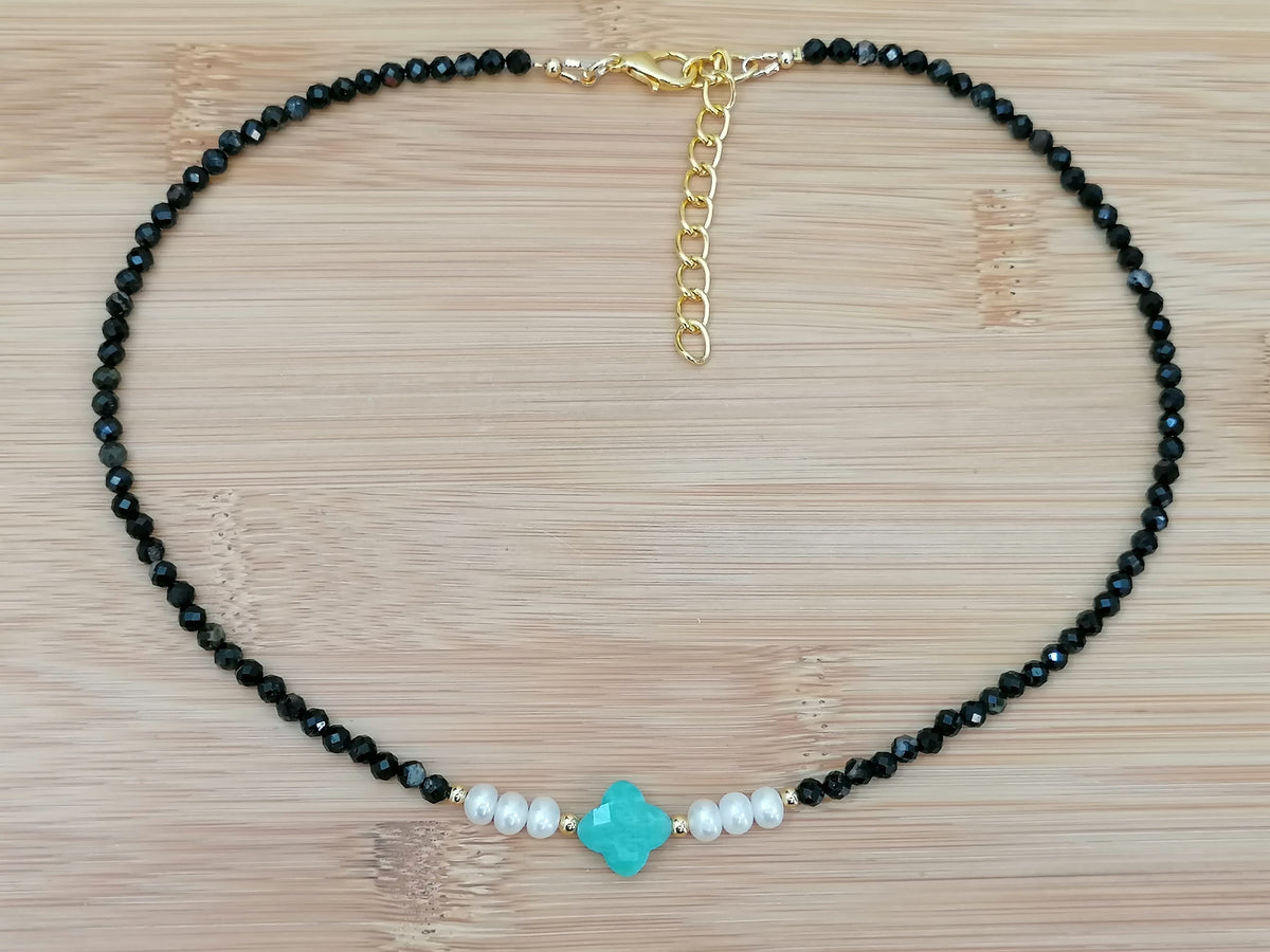 Black Tourmaline, Russian Amazonite & Freshwater Pearl Necklace