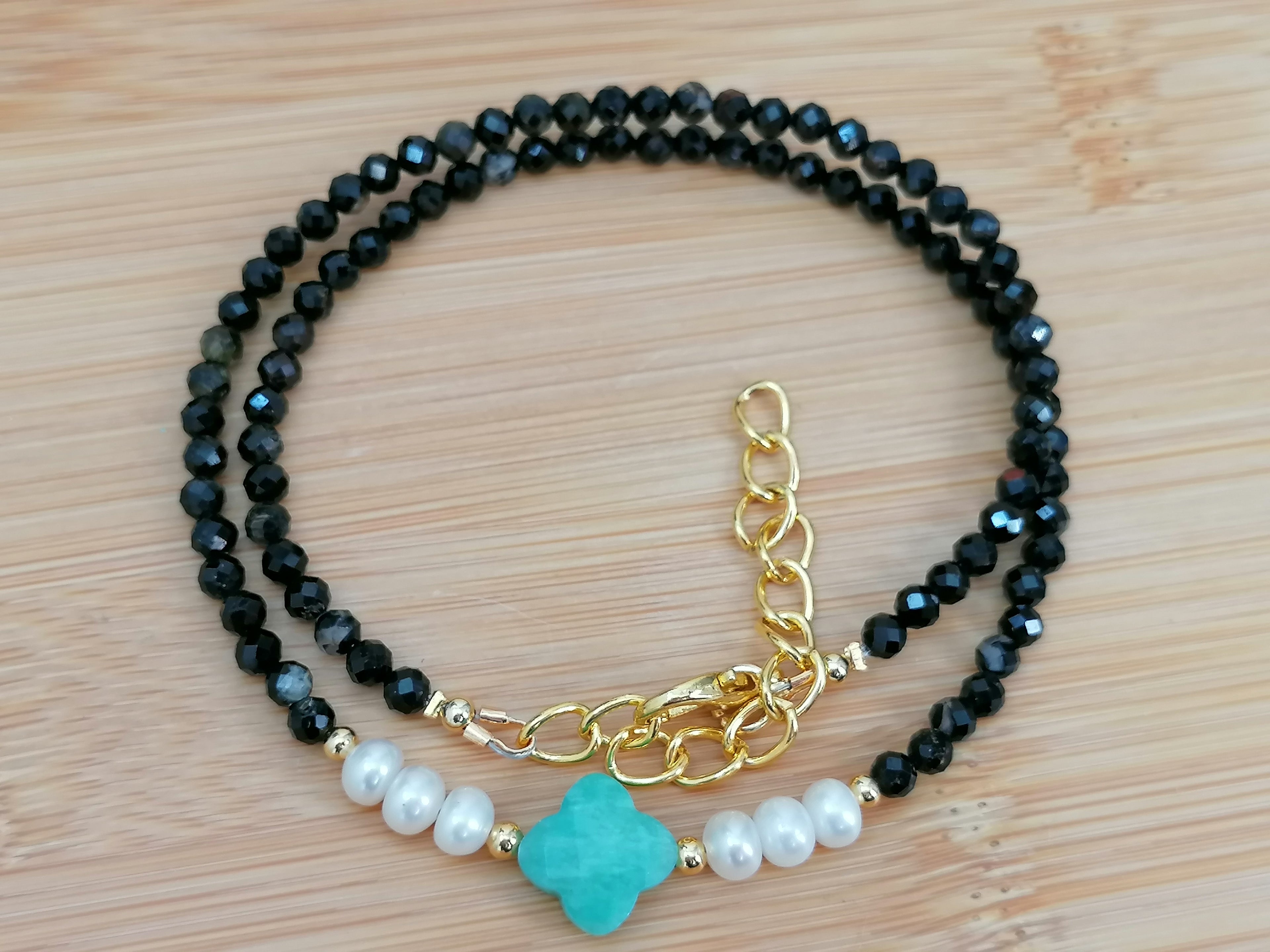 Black Tourmaline, Russian Amazonite & Freshwater Pearl Necklace