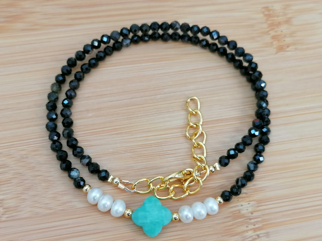 Black Tourmaline, Russian Amazonite & Freshwater Pearl Necklace