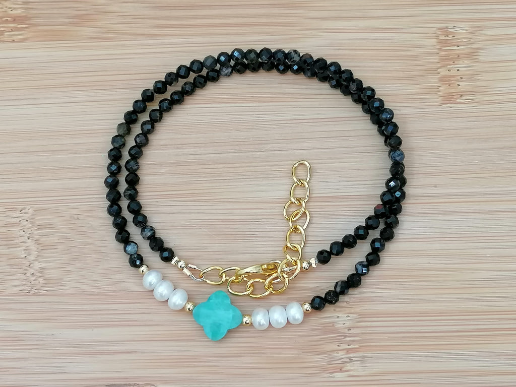 Black Tourmaline, Russian Amazonite & Freshwater Pearl Necklace