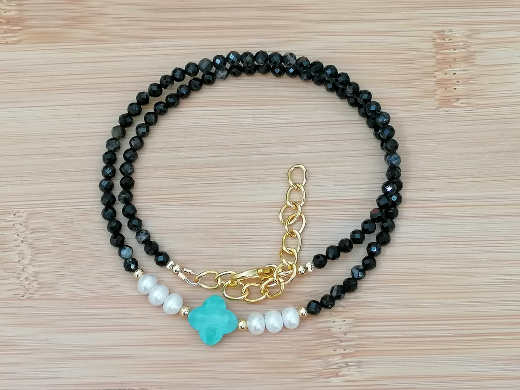 Black Tourmaline, Russian Amazonite & Freshwater Pearl Necklace