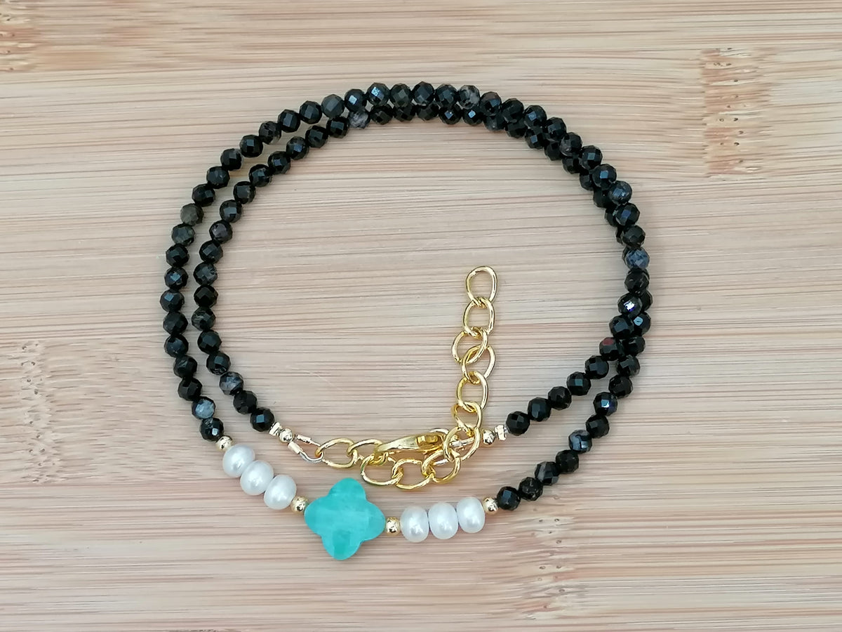 Black Tourmaline, Russian Amazonite & Freshwater Pearl Necklace