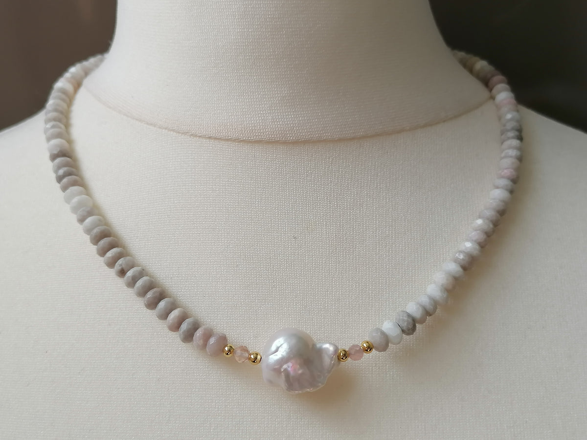 White Agate, Sunstone & Freshwater Pearl Necklace