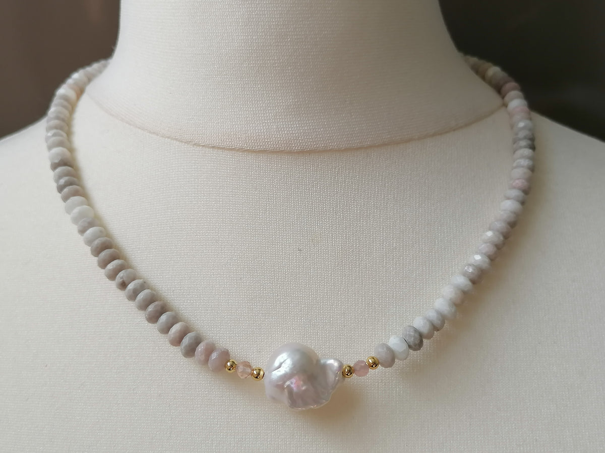 White Agate, Sunstone & Freshwater Pearl Necklace