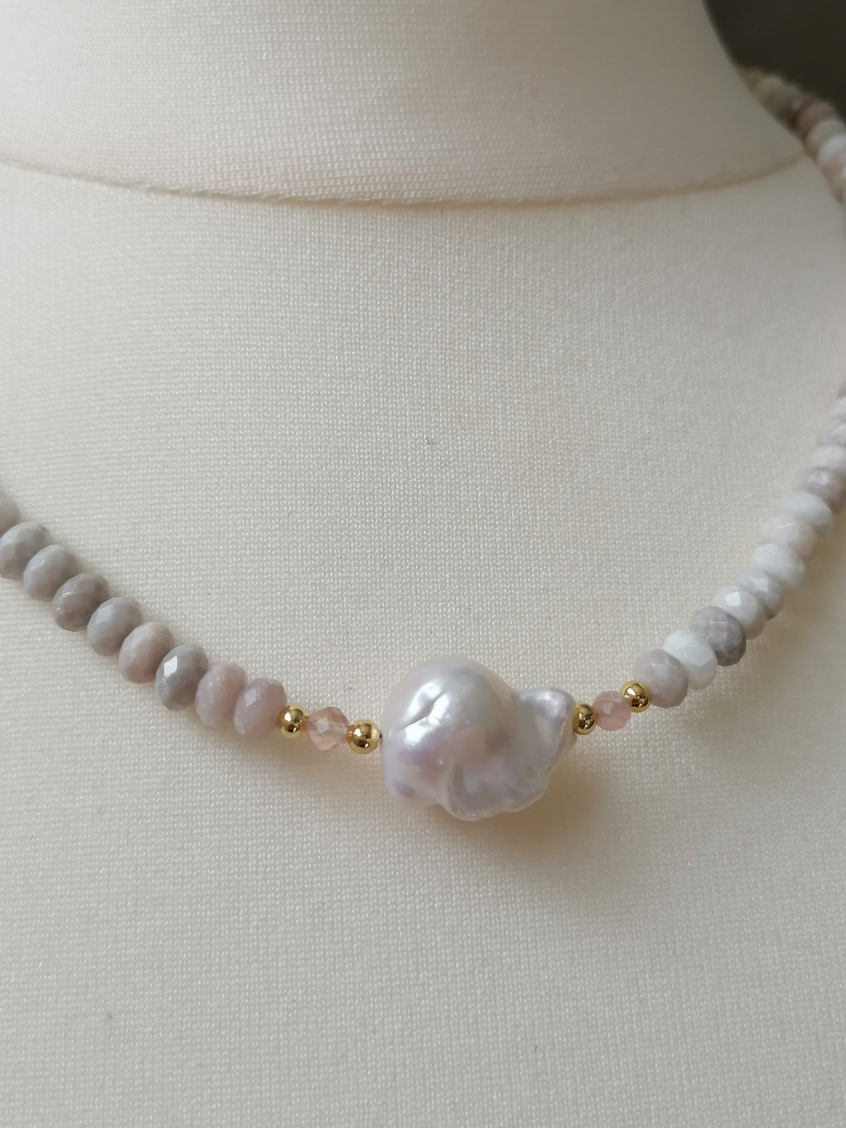 White Agate, Sunstone & Freshwater Pearl Necklace