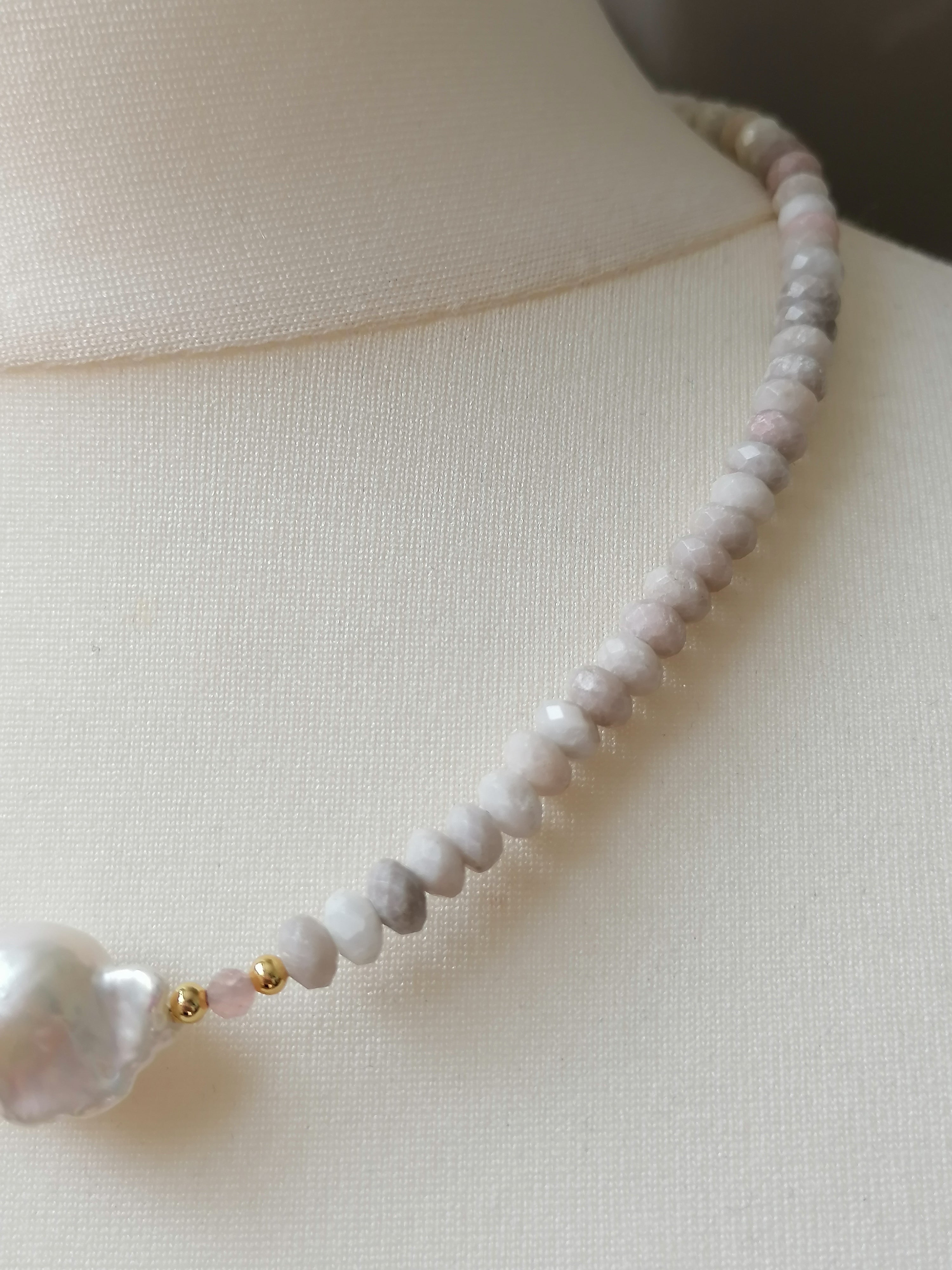 White Agate, Sunstone & Freshwater Pearl Necklace