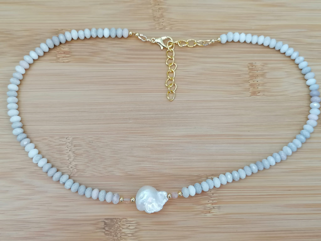 White Agate, Sunstone & Freshwater Pearl Necklace