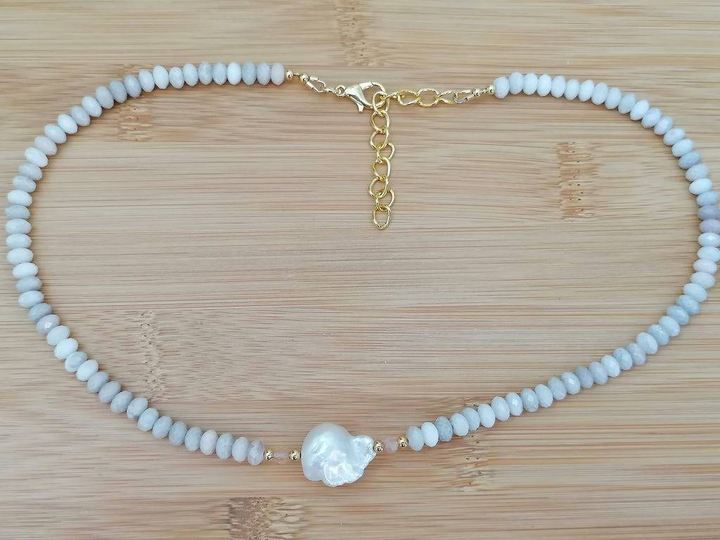 White Agate, Sunstone & Freshwater Pearl Necklace