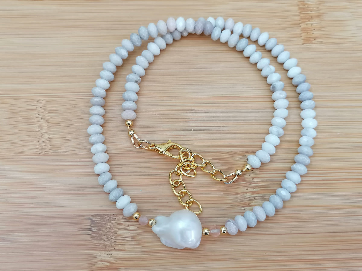 White Agate, Sunstone & Freshwater Pearl Necklace