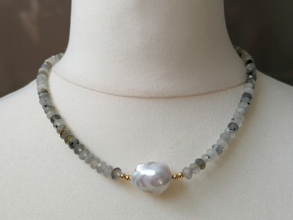 Labradorite Gemstone & Freshwater Baroque Pearl Necklace