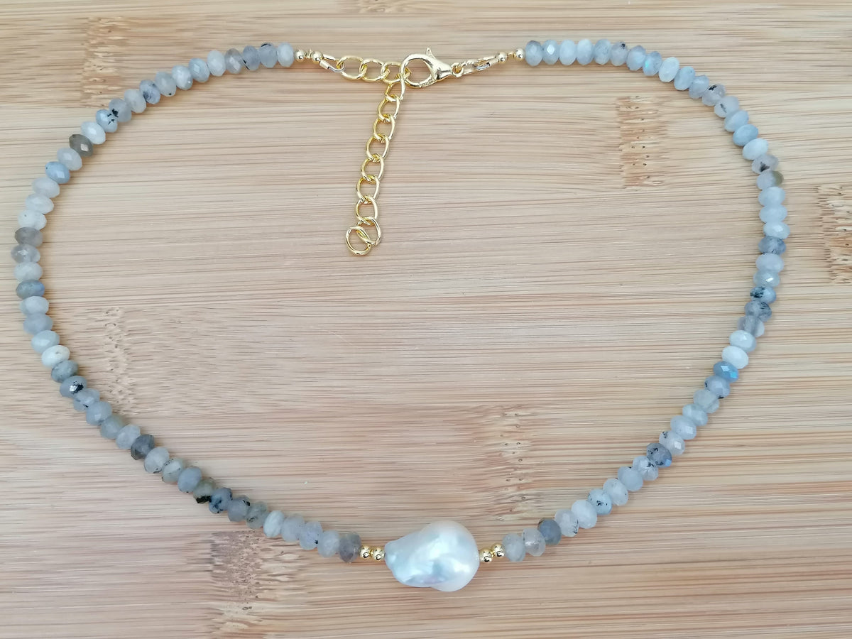 Labradorite Gemstone & Freshwater Baroque Pearl Necklace