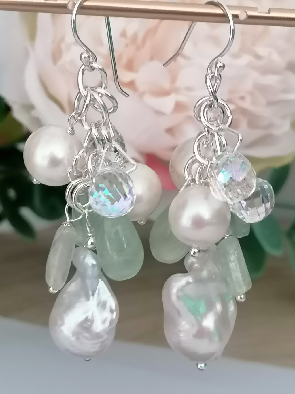 925 Sterling Silver Cultured Freshwater Pearl, Fluorite & AB Glass Cluster Drop Earrings