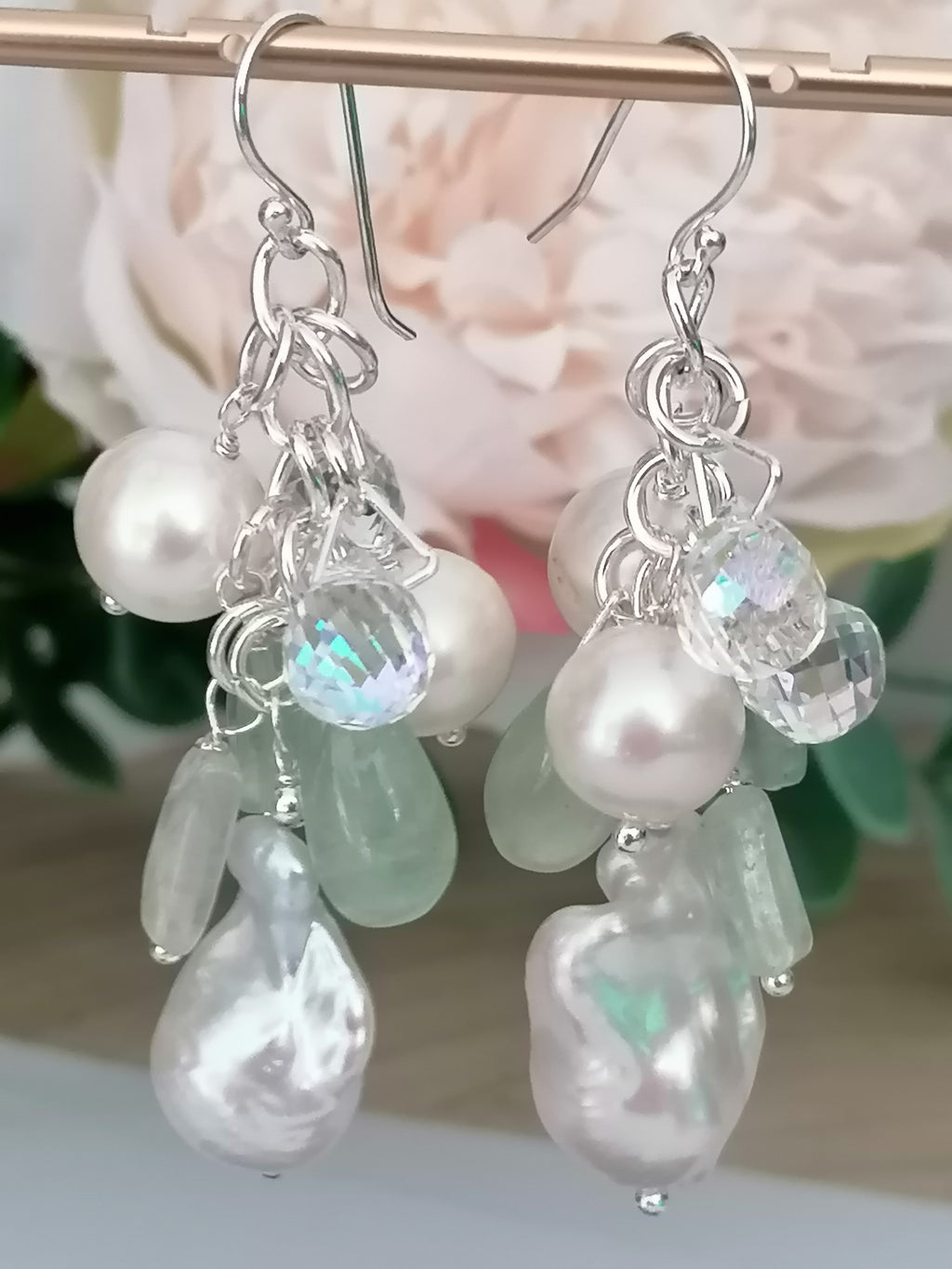 925 Sterling Silver Cultured Freshwater Pearl, Fluorite & AB Glass Cluster Drop Earrings