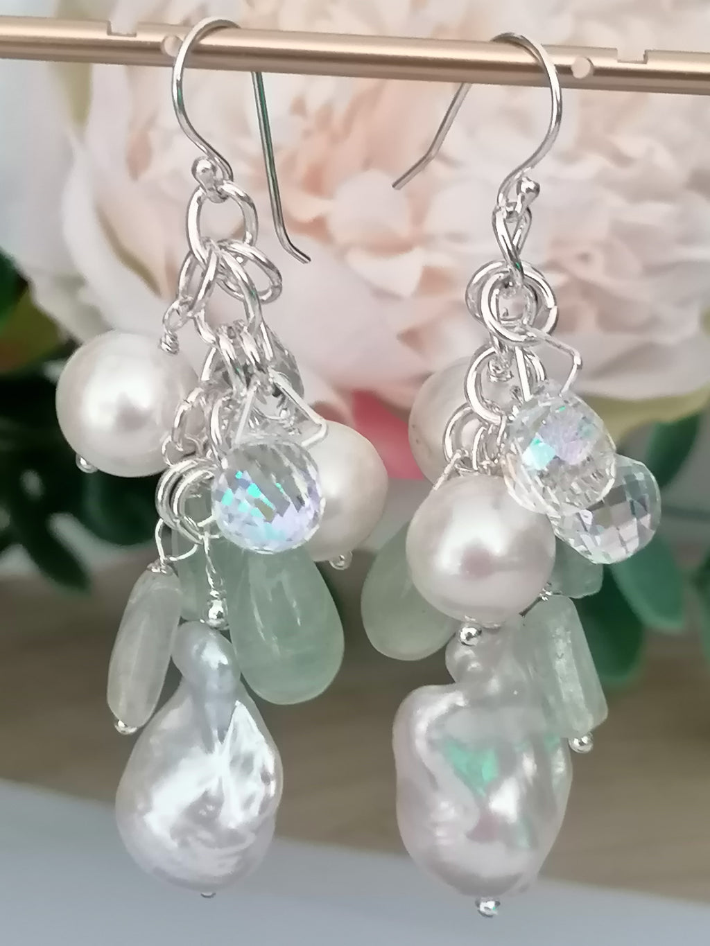 925 Sterling Silver Cultured Freshwater Pearl, Fluorite & AB Glass Cluster Drop Earrings