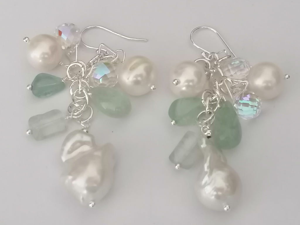 925 Sterling Silver Cultured Freshwater Pearl, Fluorite & AB Glass Cluster Drop Earrings