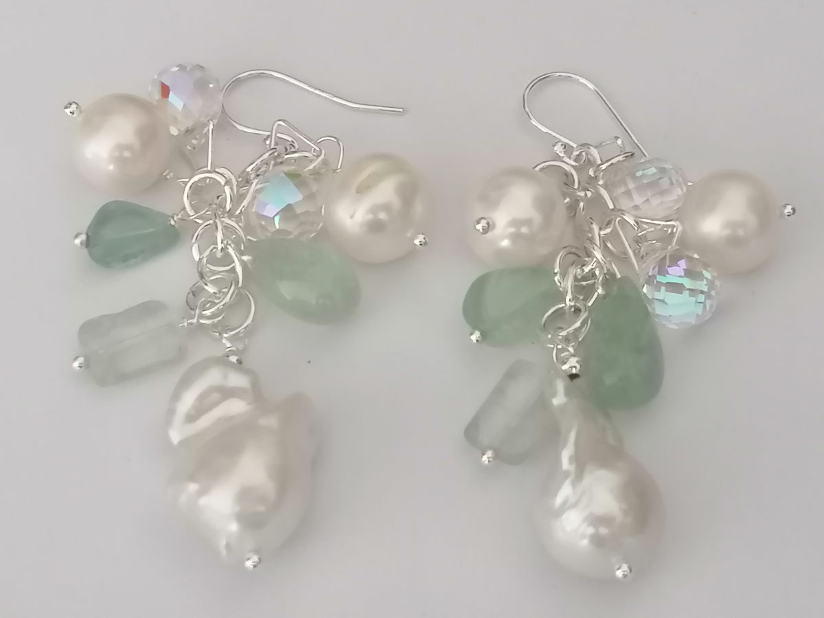 925 Sterling Silver Cultured Freshwater Pearl, Fluorite & AB Glass Cluster Drop Earrings
