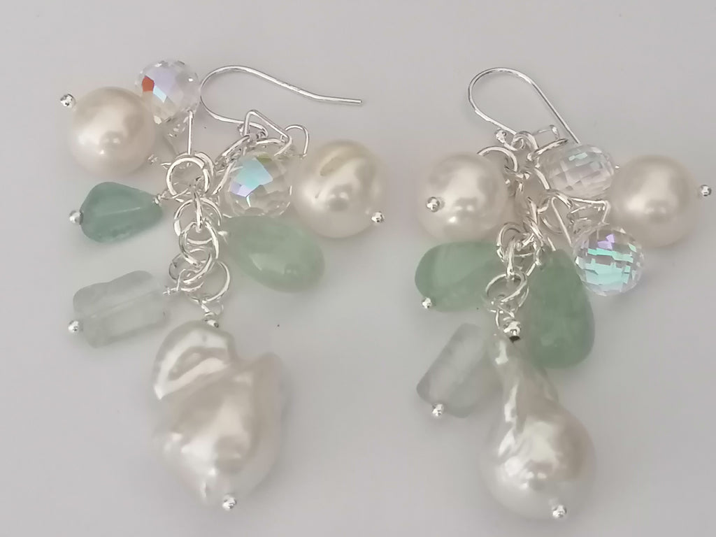 925 Sterling Silver Cultured Freshwater Pearl, Fluorite & AB Glass Cluster Drop Earrings