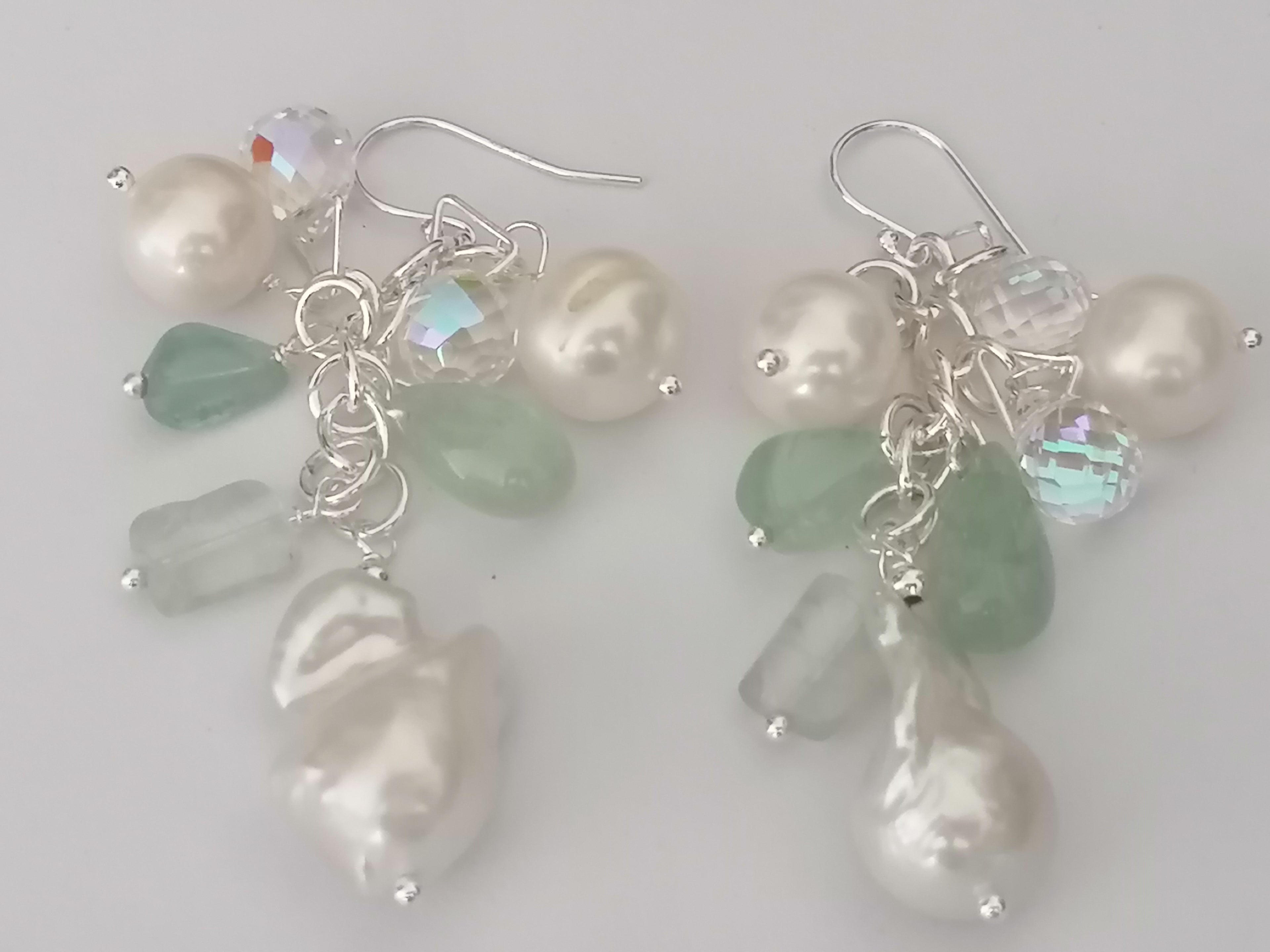 925 Sterling Silver Cultured Freshwater Pearl, Fluorite & AB Glass Cluster Drop Earrings