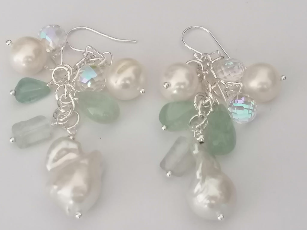 925 Sterling Silver Cultured Freshwater Pearl, Fluorite & AB Glass Cluster Drop Earrings