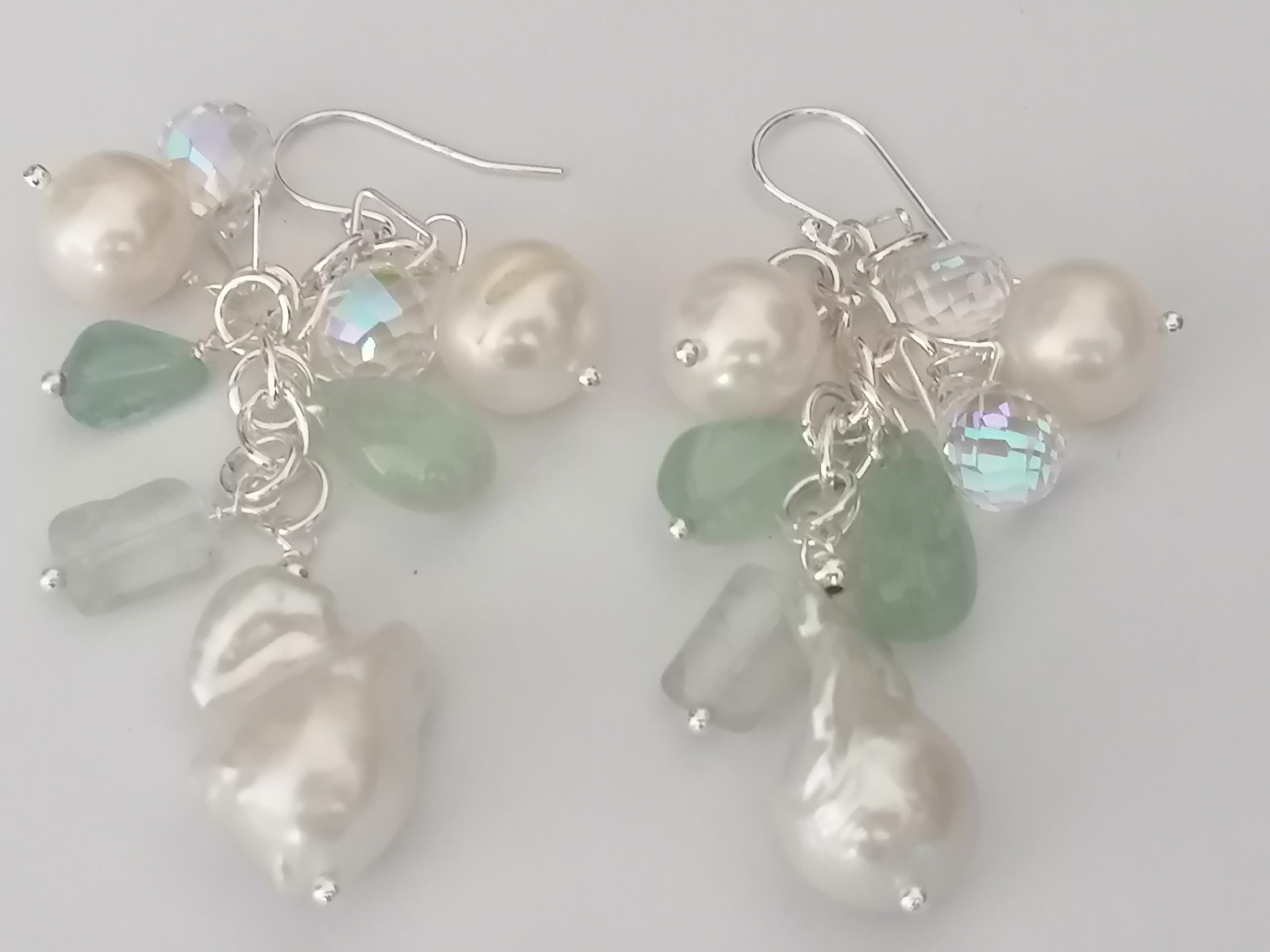 925 Sterling Silver Cultured Freshwater Pearl, Fluorite & AB Glass Cluster Drop Earrings