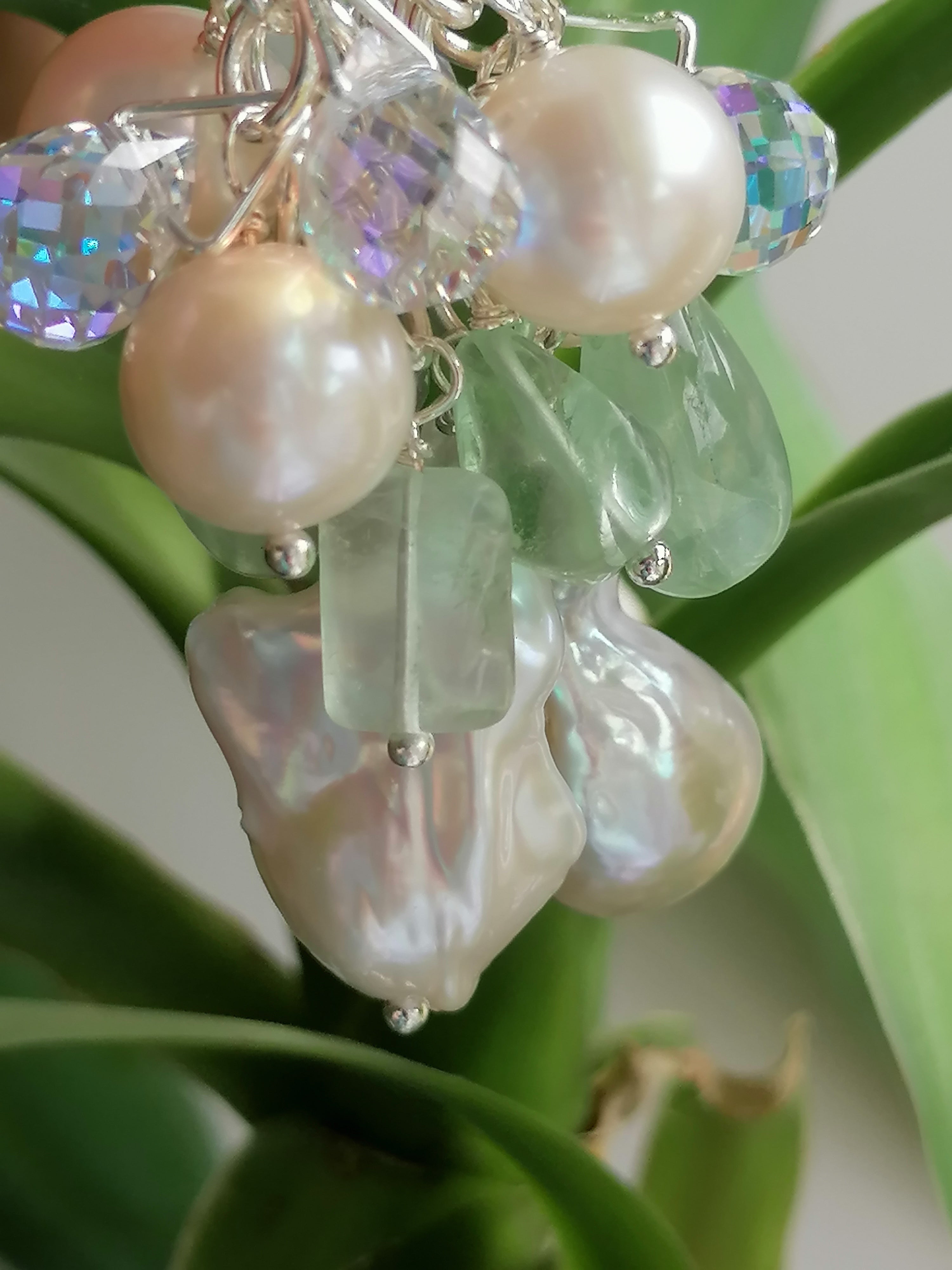 925 Sterling Silver Cultured Freshwater Pearl, Fluorite & AB Glass Cluster Drop Earrings