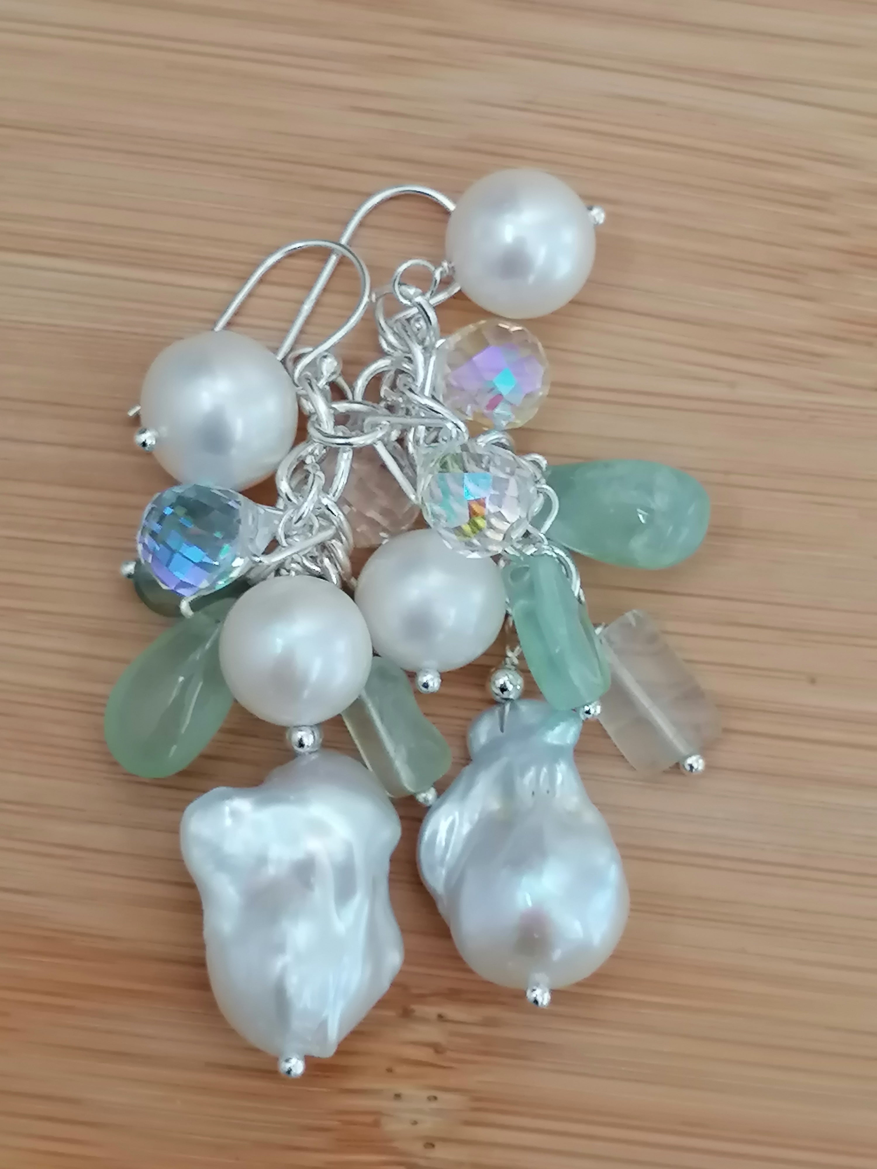 925 Sterling Silver Cultured Freshwater Pearl, Fluorite & AB Glass Cluster Drop Earrings
