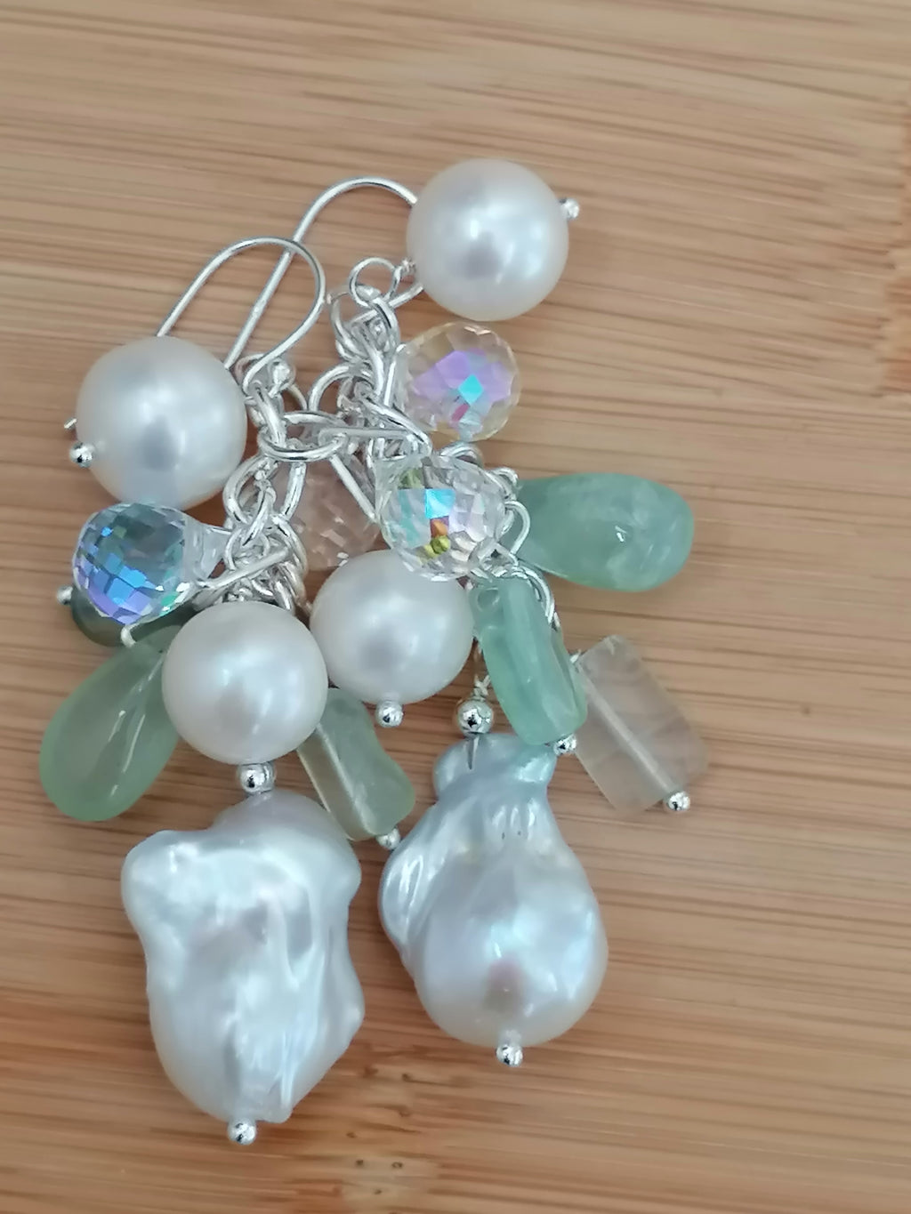 925 Sterling Silver Cultured Freshwater Pearl, Fluorite & AB Glass Cluster Drop Earrings