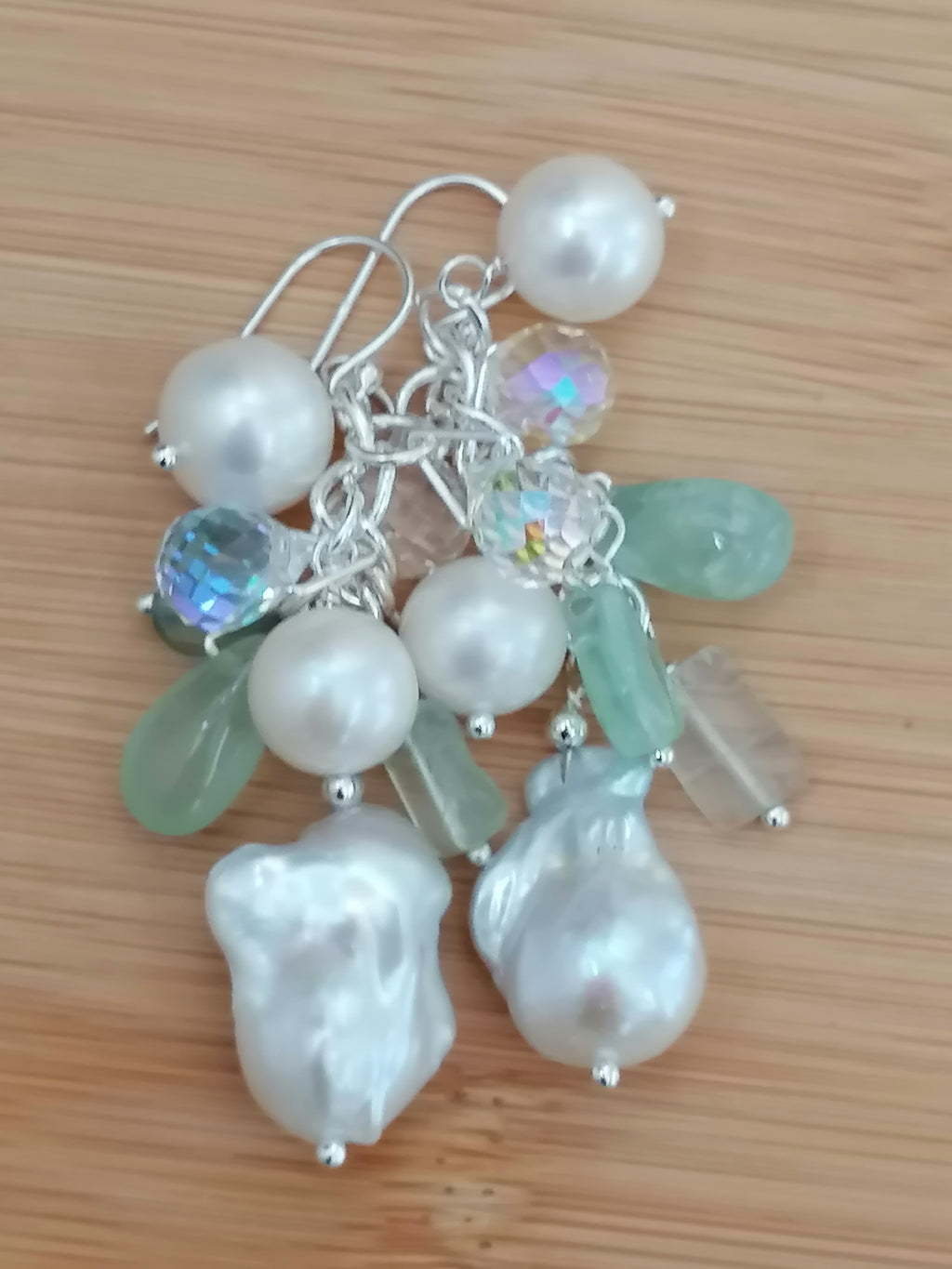 925 Sterling Silver Cultured Freshwater Pearl, Fluorite & AB Glass Cluster Drop Earrings