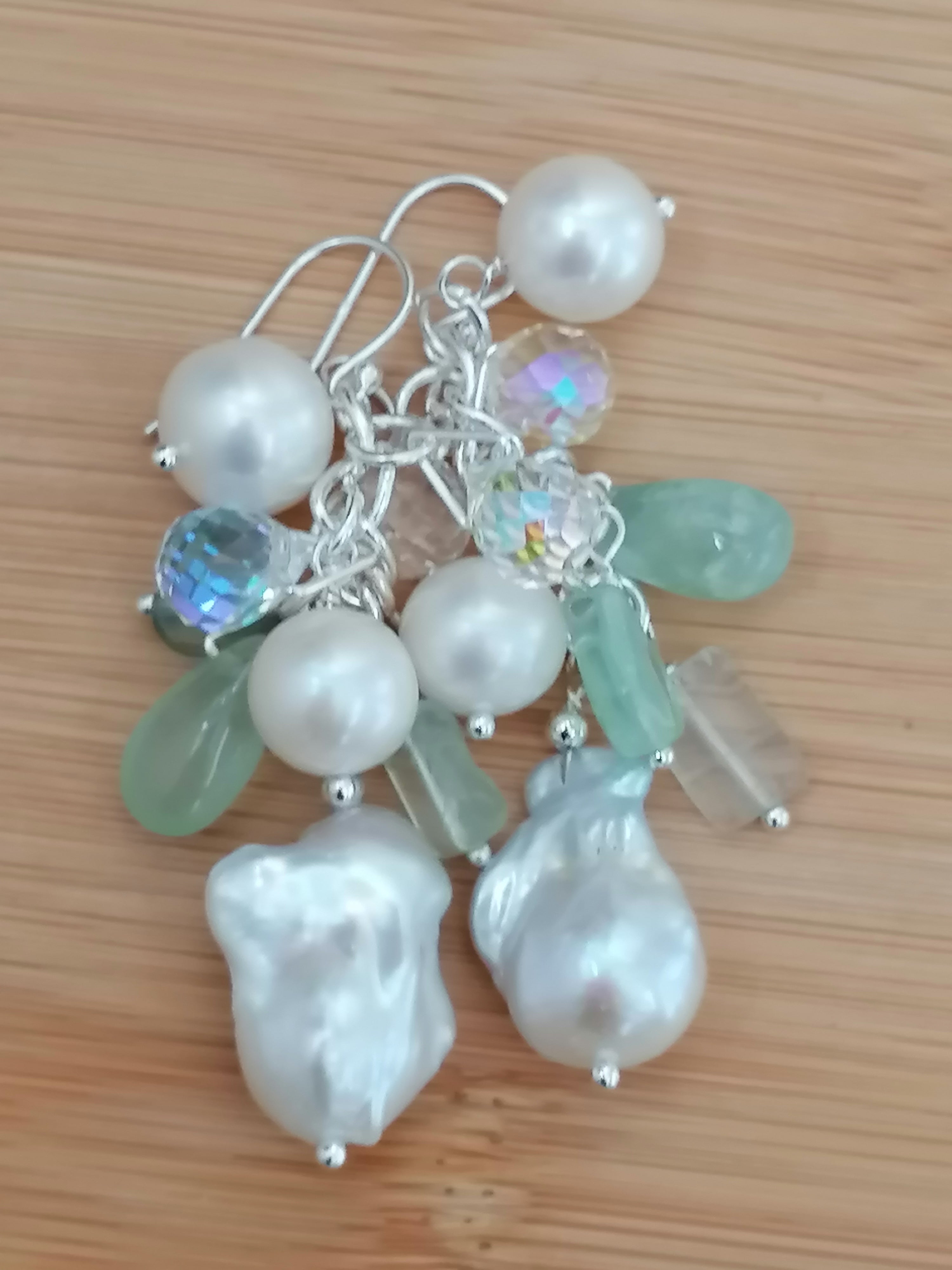 925 Sterling Silver Cultured Freshwater Pearl, Fluorite & AB Glass Cluster Drop Earrings