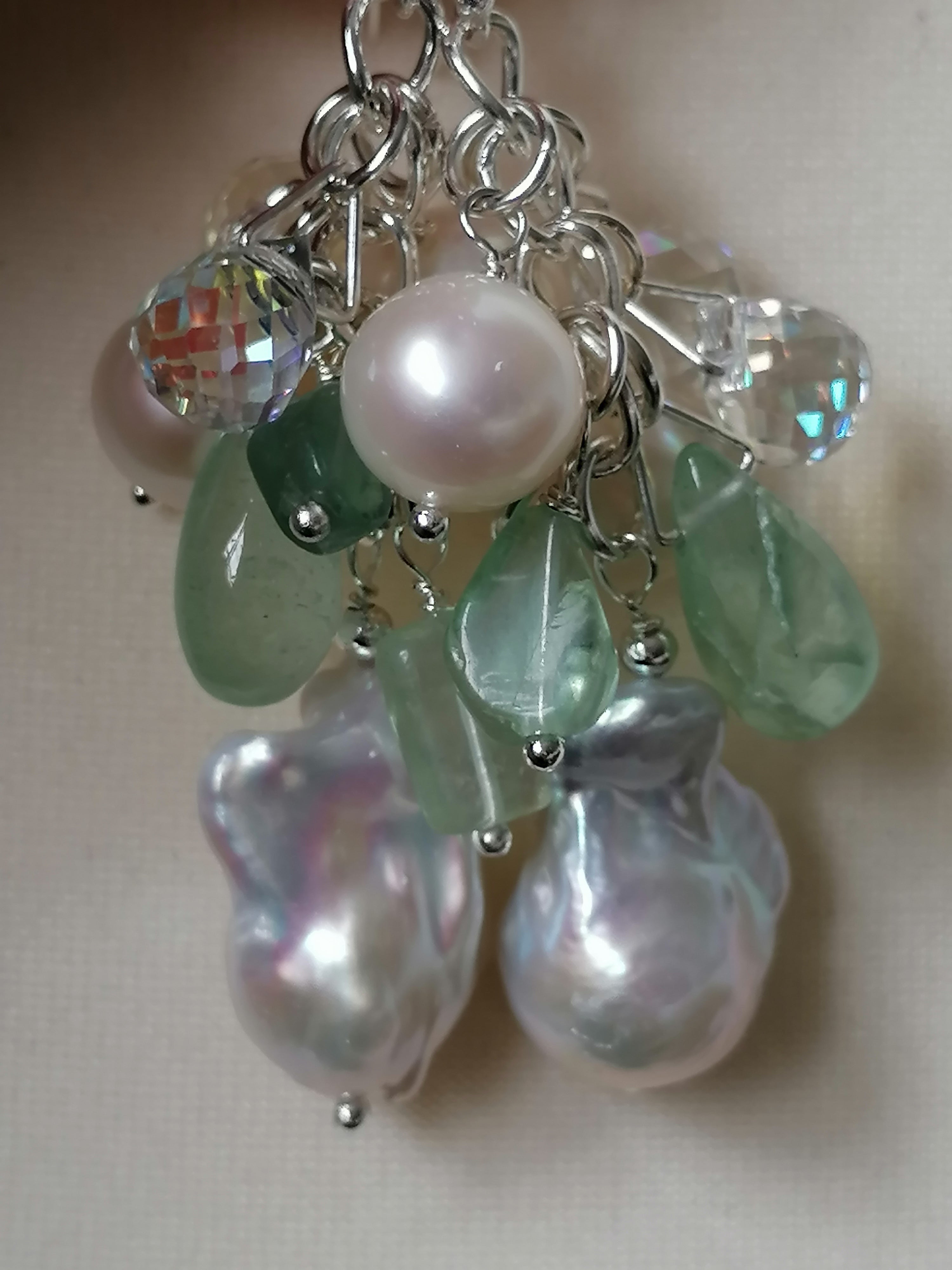 925 Sterling Silver Cultured Freshwater Pearl, Fluorite & AB Glass Cluster Drop Earrings