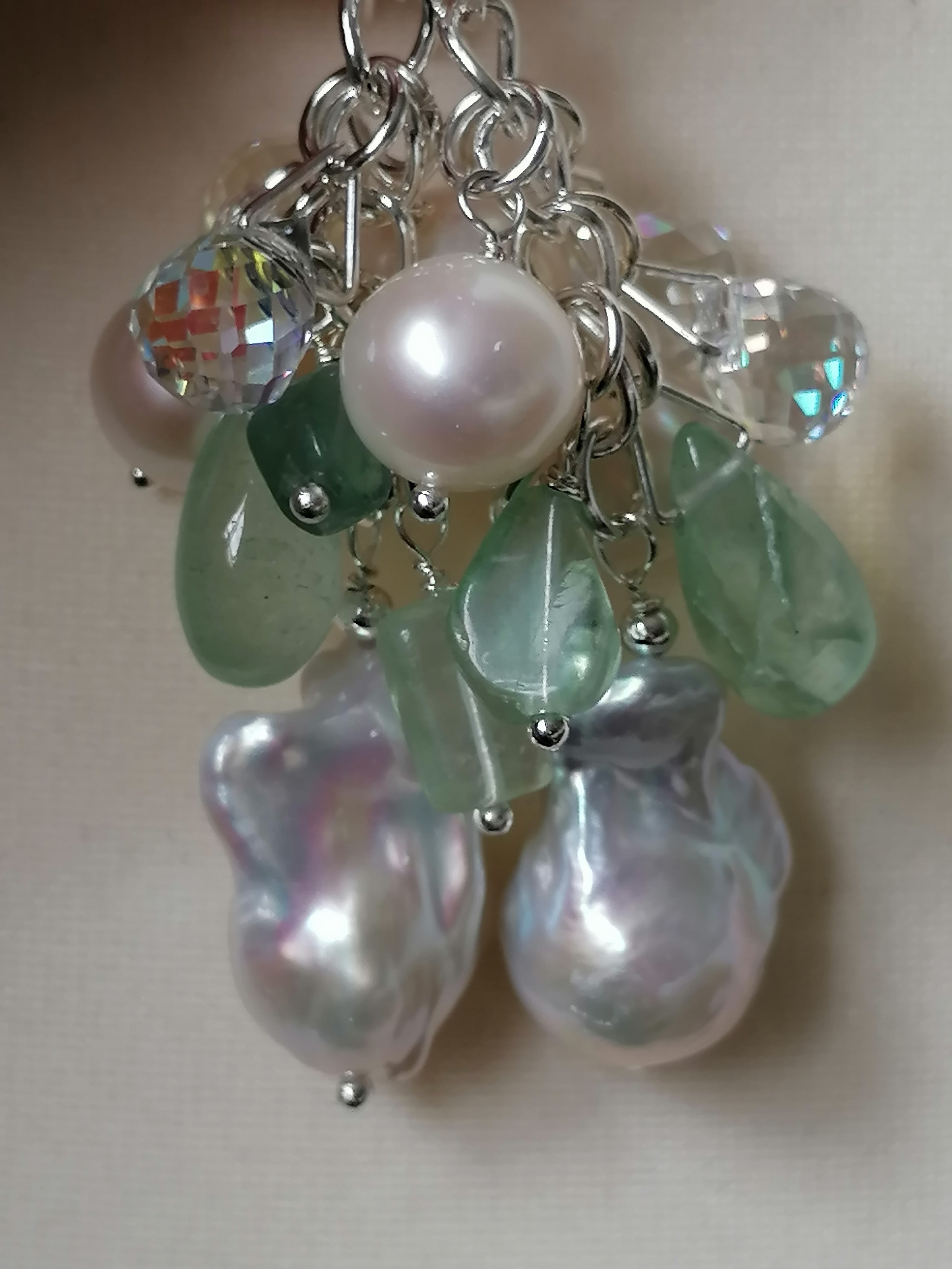 925 Sterling Silver Cultured Freshwater Pearl, Fluorite & AB Glass Cluster Drop Earrings