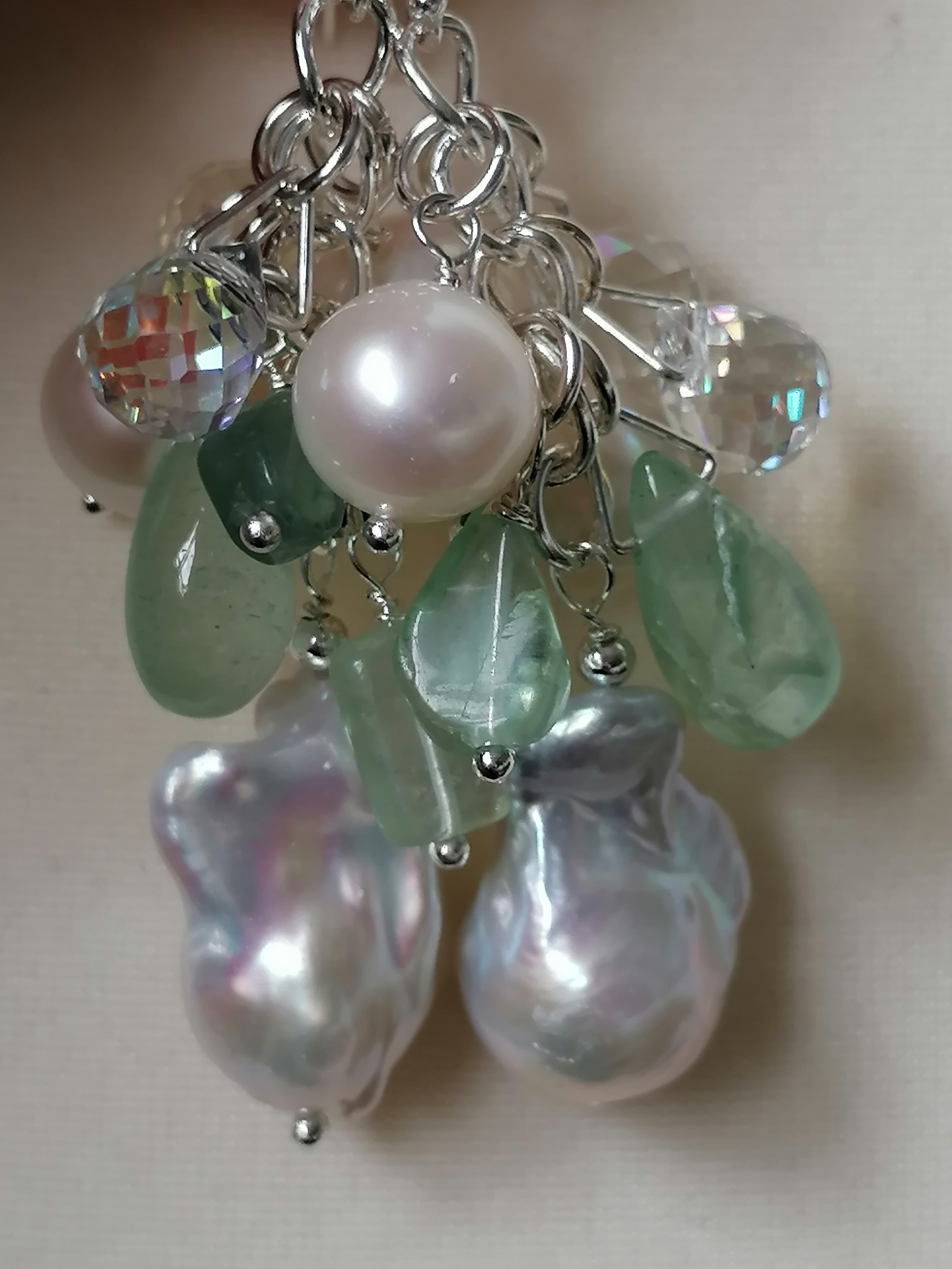 925 Sterling Silver Cultured Freshwater Pearl, Fluorite & AB Glass Cluster Drop Earrings