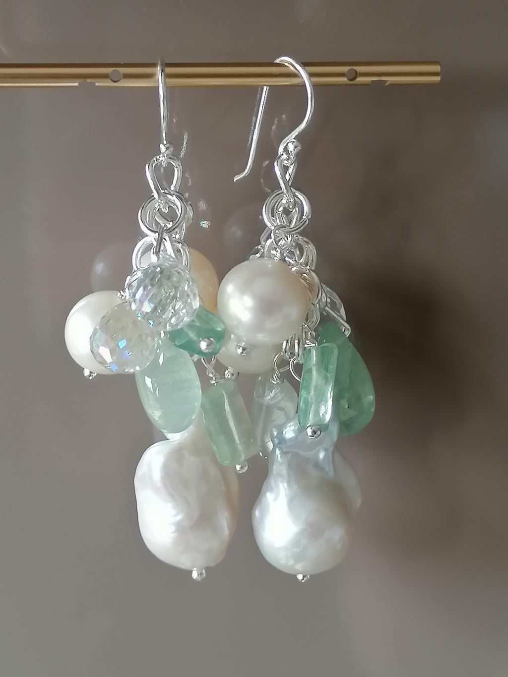 925 Sterling Silver Cultured Freshwater Pearl, Fluorite & AB Glass Cluster Drop Earrings
