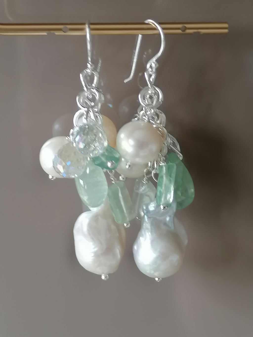 925 Sterling Silver Cultured Freshwater Pearl, Fluorite & AB Glass Cluster Drop Earrings