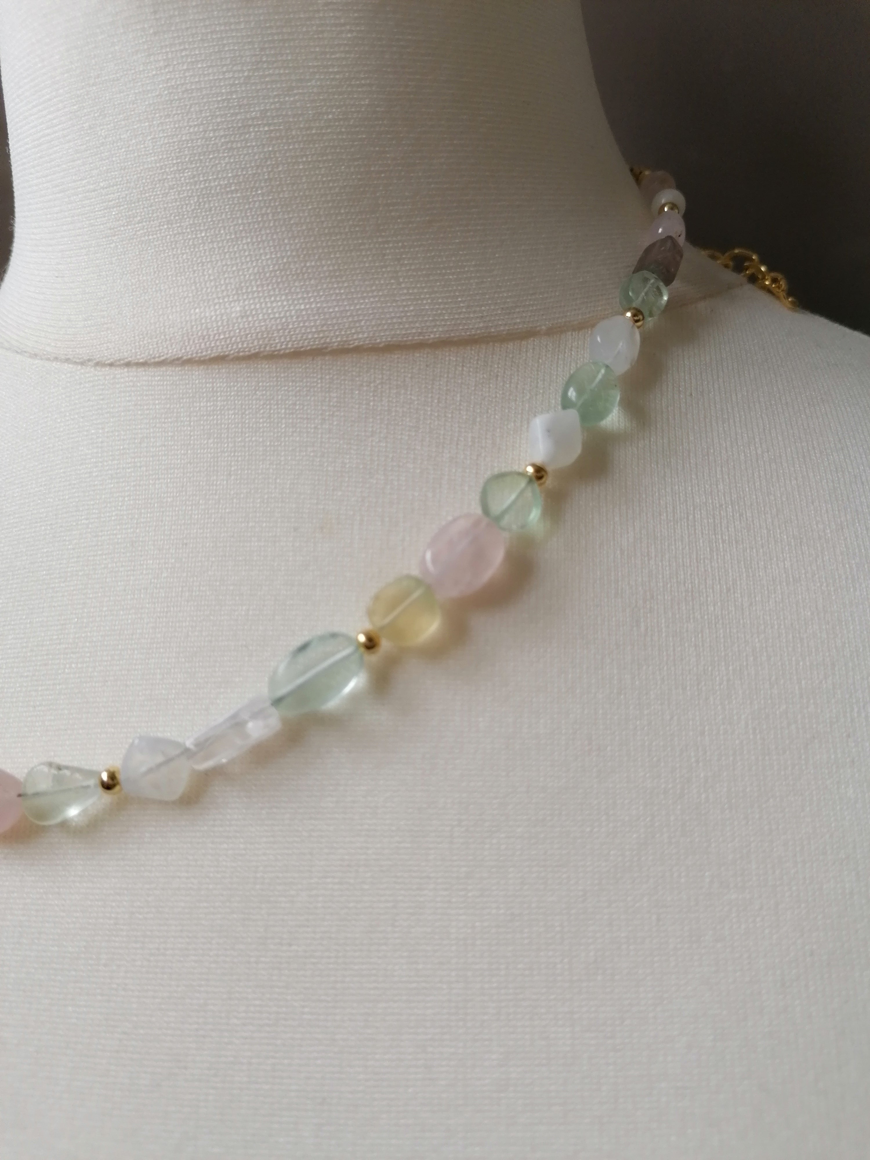 Fluorite, Rainbow Moonstone & Rose Quartz Gemstone Necklace