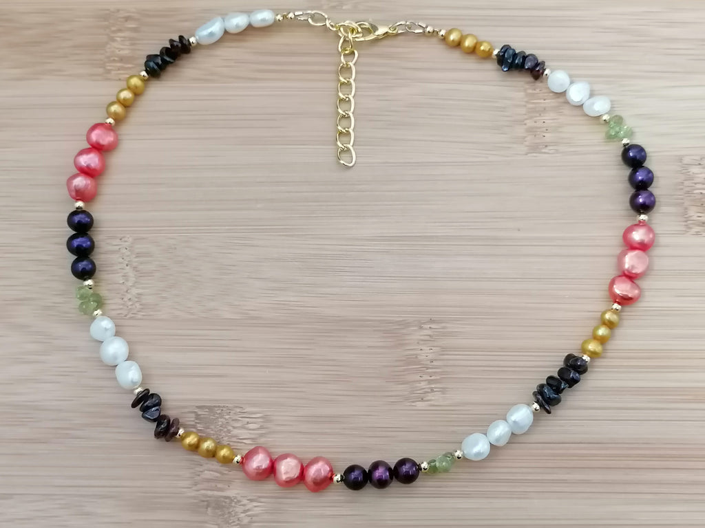 Freshwater Pearl, Garnet & Peridot Necklace semi-precious