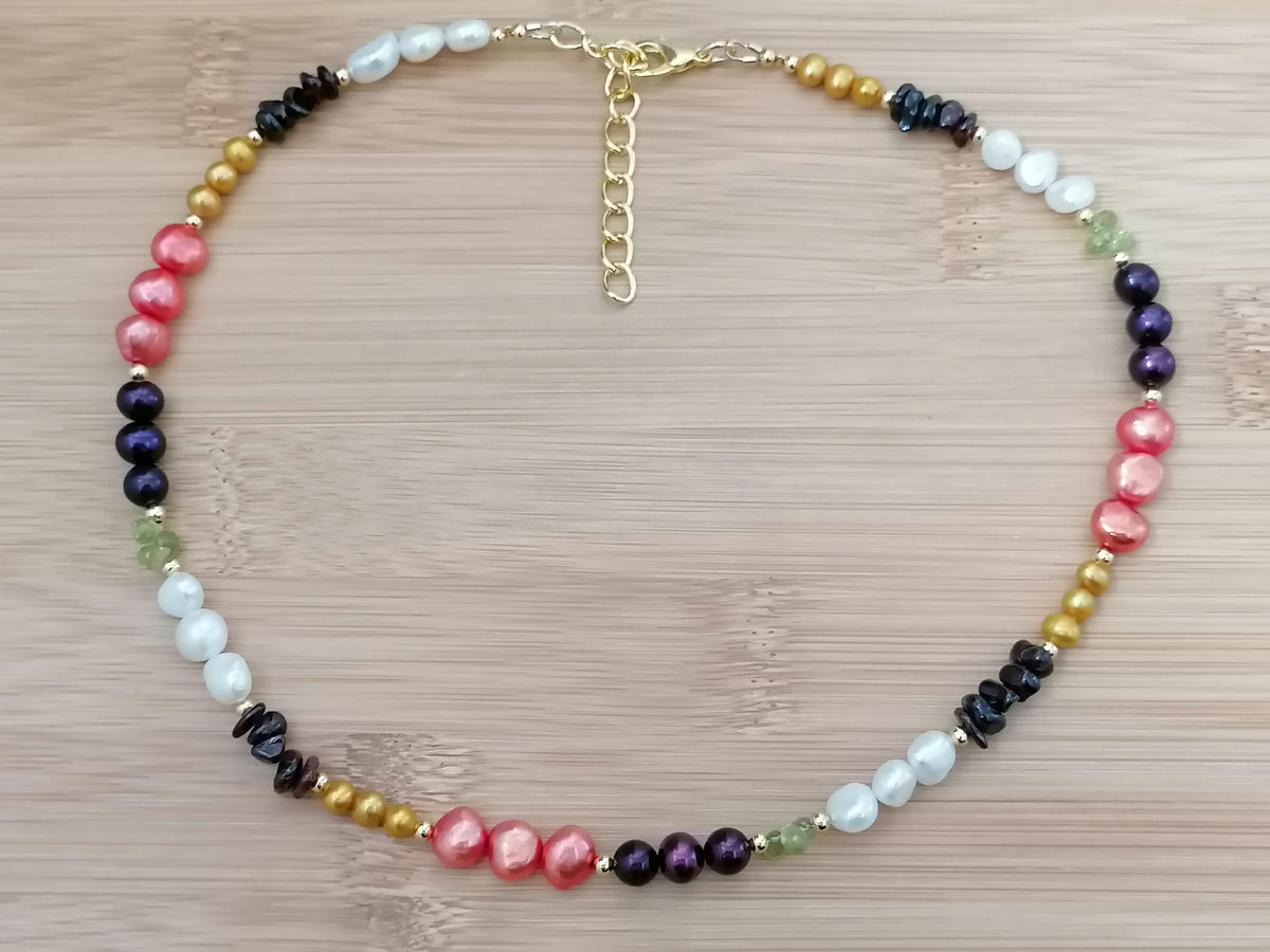 Freshwater Pearl, Garnet & Peridot Necklace semi-precious