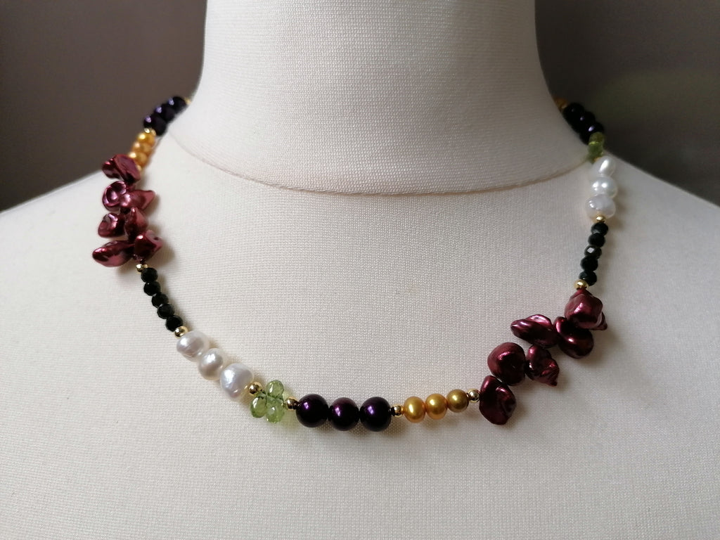 Cultured freshwater pearl Necklace, Kesh Pearl, Peridot, Black Tourmaline