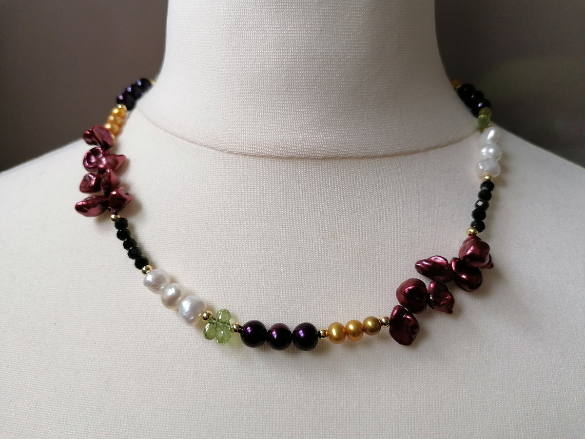 Cultured freshwater pearl Necklace, Kesh Pearl, Peridot, Black Tourmaline