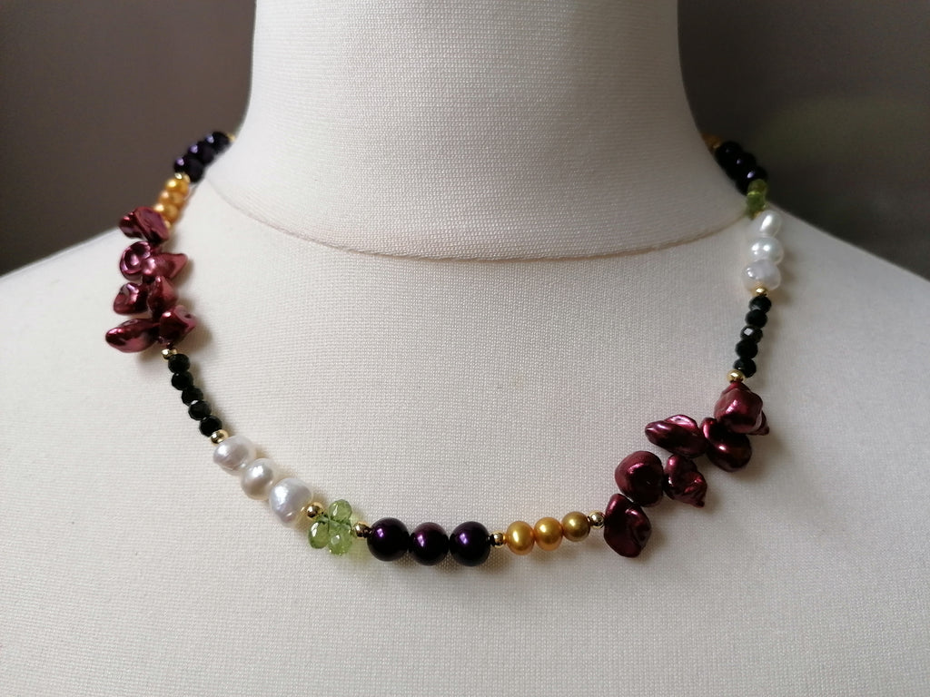 Cultured freshwater pearl Necklace, Kesh Pearl, Peridot, Black Tourmaline