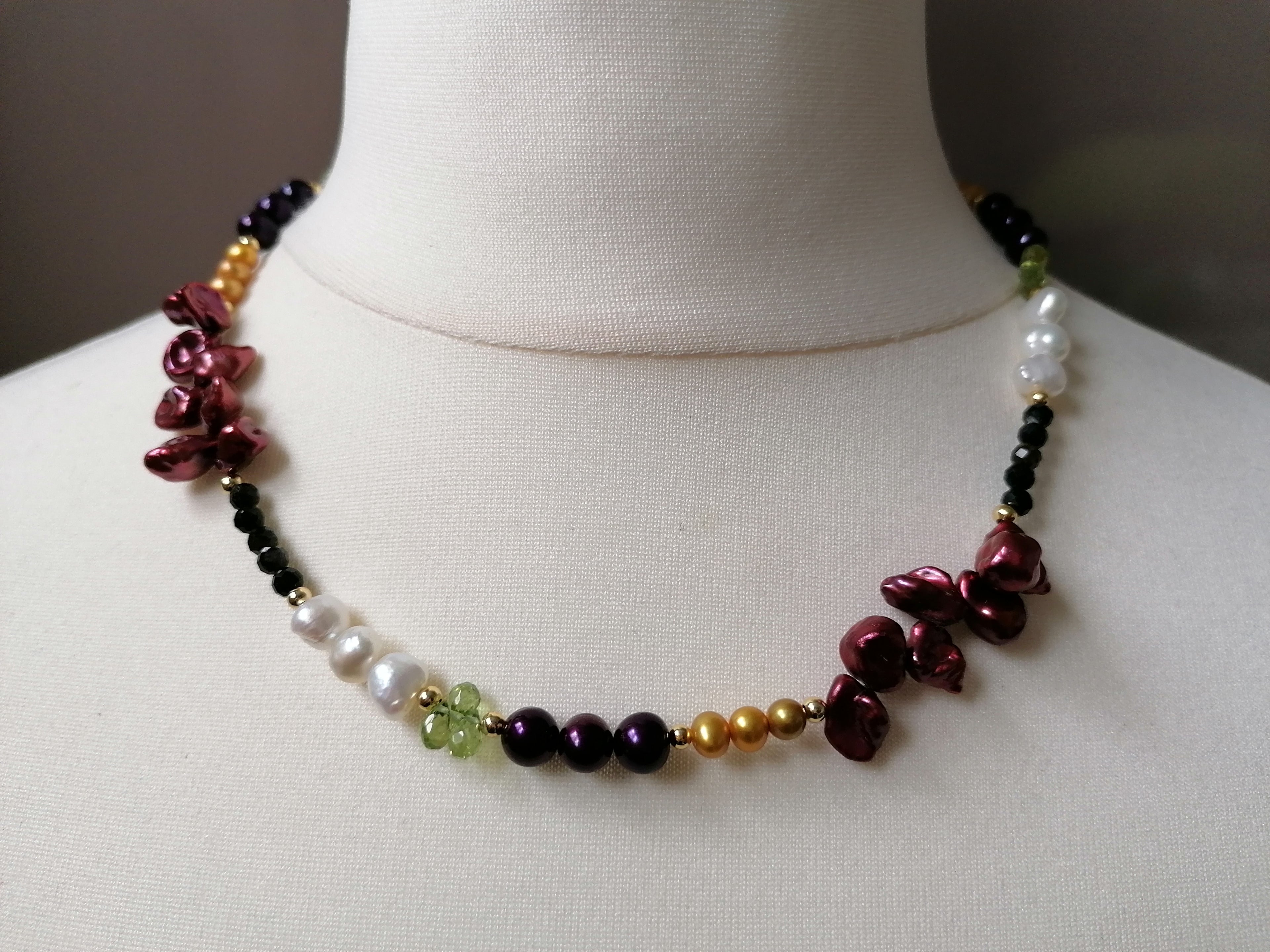Cultured freshwater pearl Necklace, Kesh Pearl, Peridot, Black Tourmaline