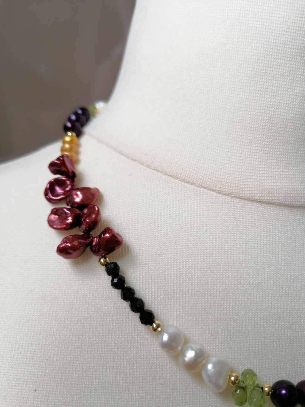Cultured freshwater pearl Necklace, Kesh Pearl, Peridot, Black Tourmaline
