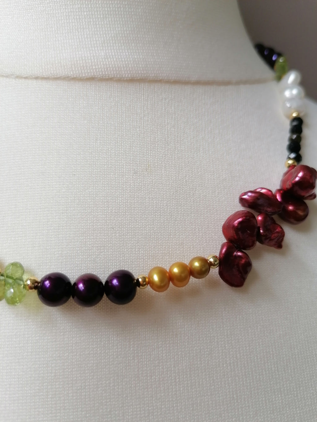 Cultured freshwater pearl Necklace, Kesh Pearl, Peridot, Black Tourmaline