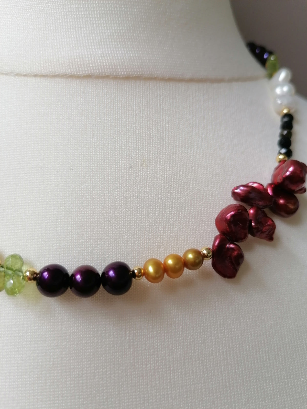 Cultured freshwater pearl Necklace, Kesh Pearl, Peridot, Black Tourmaline