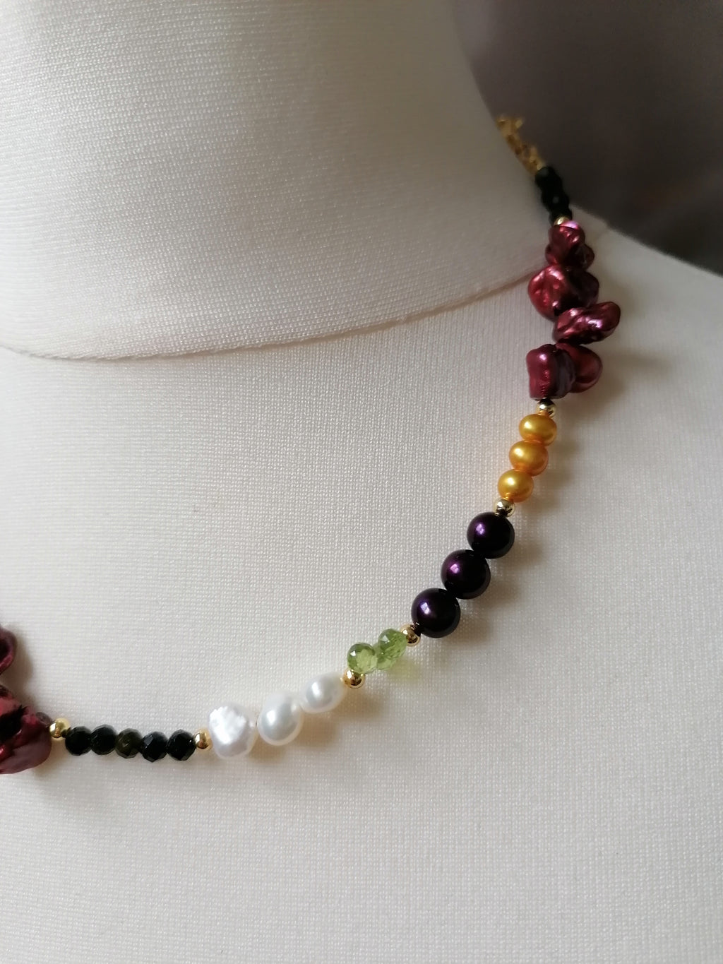 Cultured freshwater pearl Necklace, Kesh Pearl, Peridot, Black Tourmaline