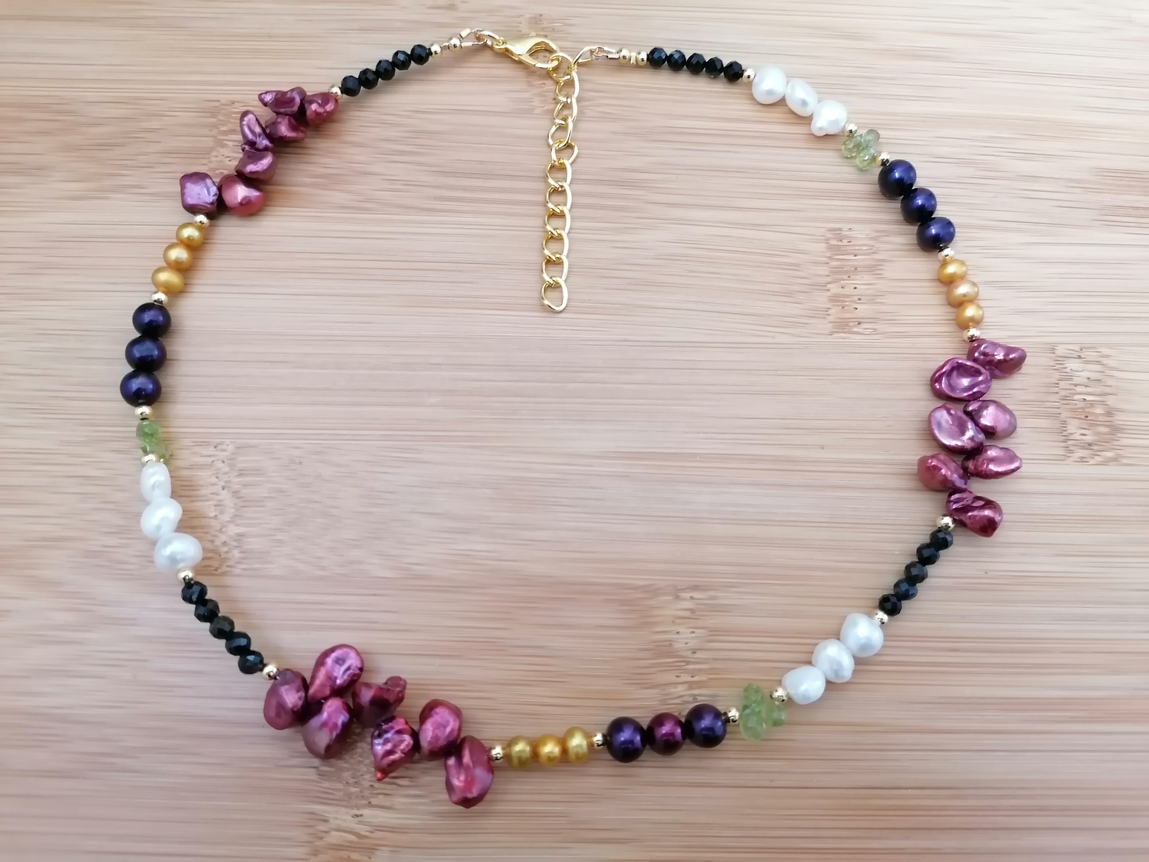 Cultured freshwater pearl Necklace, Kesh Pearl, Peridot, Black Tourmaline
