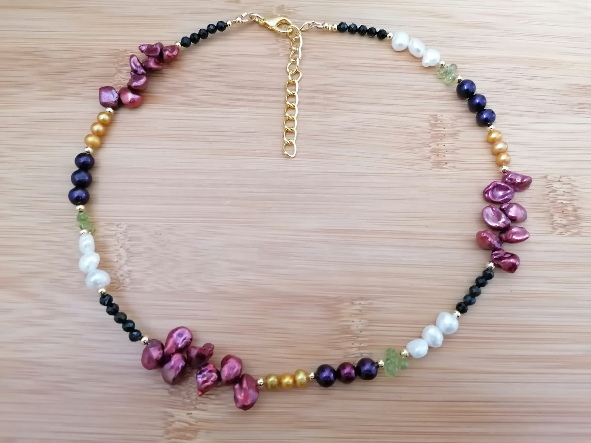 Cultured freshwater pearl Necklace, Kesh Pearl, Peridot, Black Tourmaline