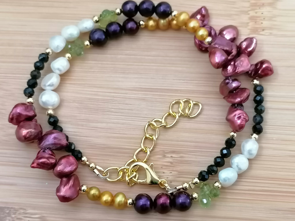 Cultured freshwater pearl Necklace, Kesh Pearl, Peridot, Black Tourmaline
