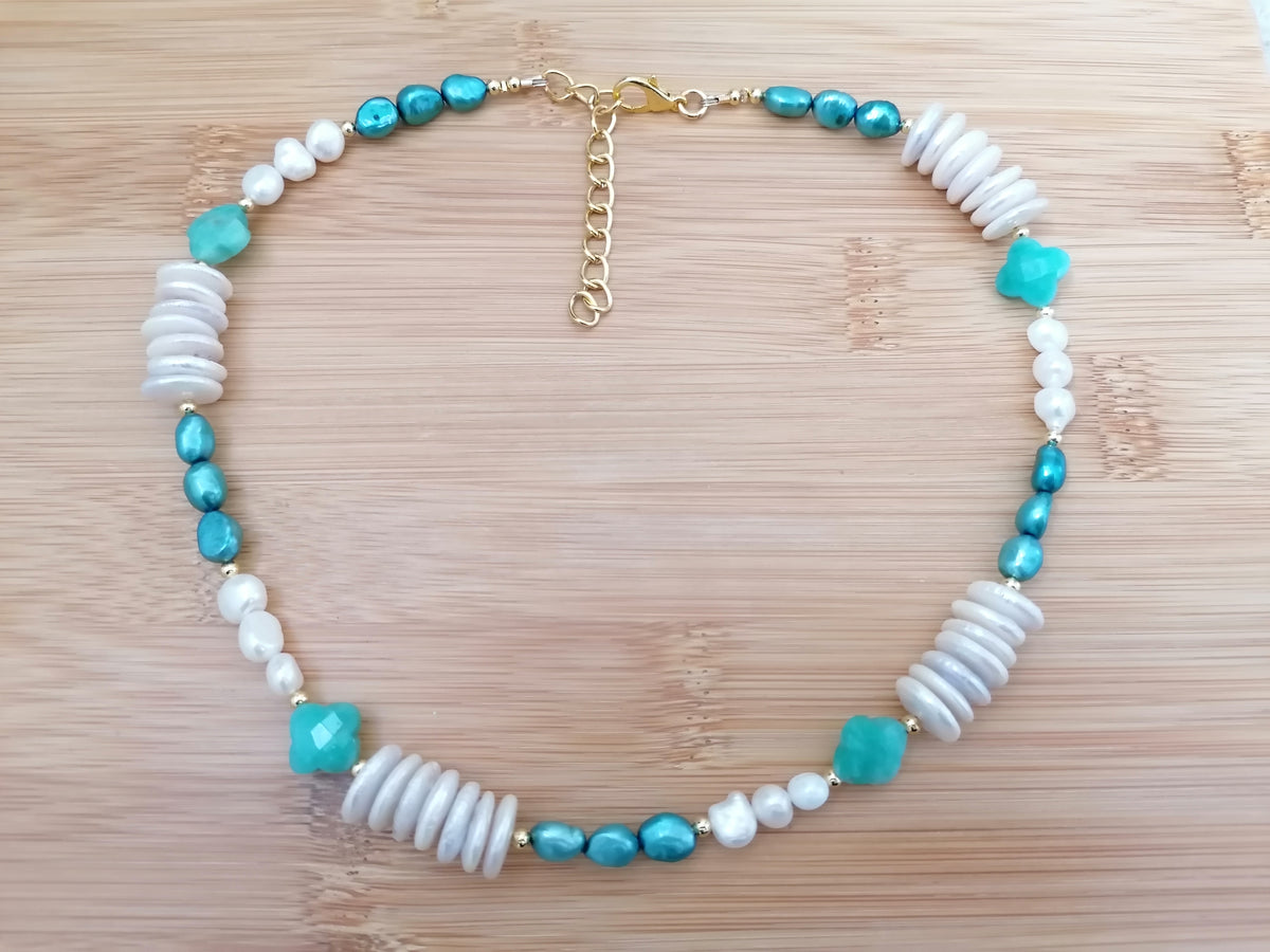 Freshwater Pearl & Russian Amazonite Quatrefoil Necklace