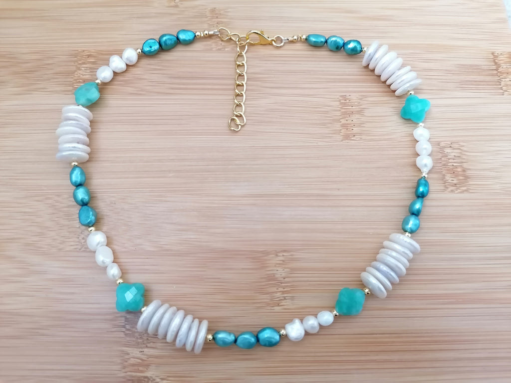 Freshwater Pearl & Russian Amazonite Quatrefoil Necklace